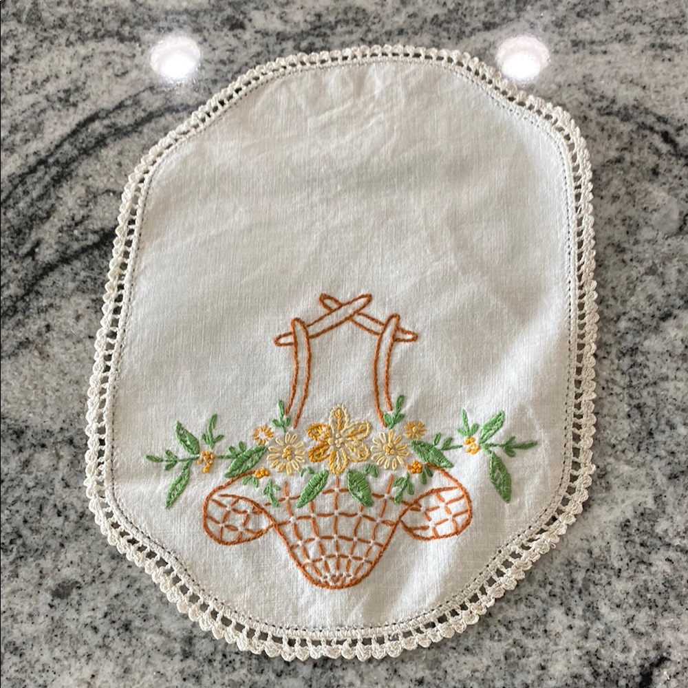 Embroidered Vintage Flower Basket Doily!